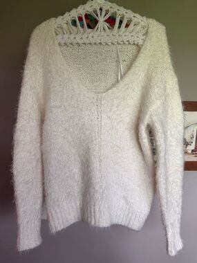 bp Cream Fuzzy V-Neck Pullover Sweater